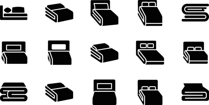 Comfortable bed collection with pillows and folded blankets sleeping furniture icons eps.