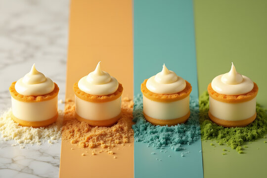 Mini cheesecakes in assorted colors with crumbled toppings on marble background
