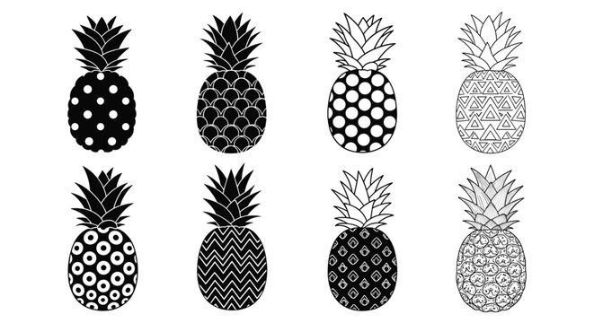 Creative collection of eight black and white pineapple icons with various patterns like dots, stripes, and zigzags.