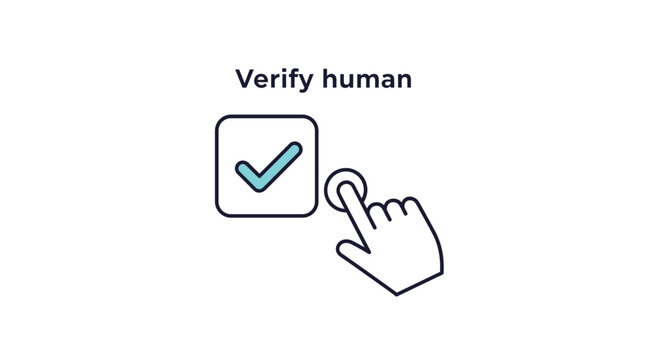 Human verification symbol showing a hand clicking on a checkbox with a blue tick mark and text saying Verify human above it.