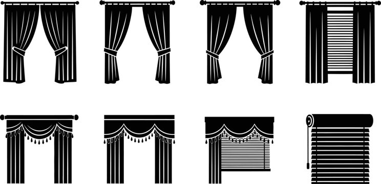 Set of black curtain and blind icons, various styles, window dressing eps.