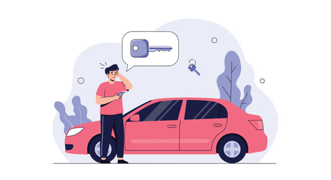 Stressed young man standing next to his red car while worrying about a lost key shown in a thought bubble over his head.