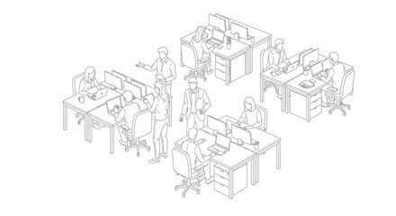 Obraz premium Office workers collaborate and use computers in a modern workspace.