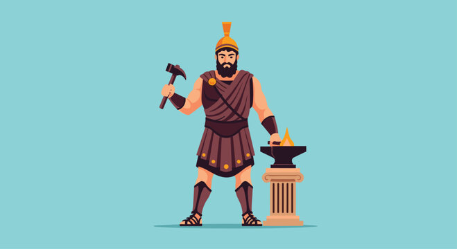 Illustration of Hephaestus, the Greek god of blacksmiths and fire, standing with a hammer next to an anvil on a pedestal.