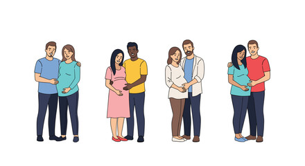 Obraz premium Four happy and diverse pregnant couples standing together while smiling and holding their bellies on a white background.