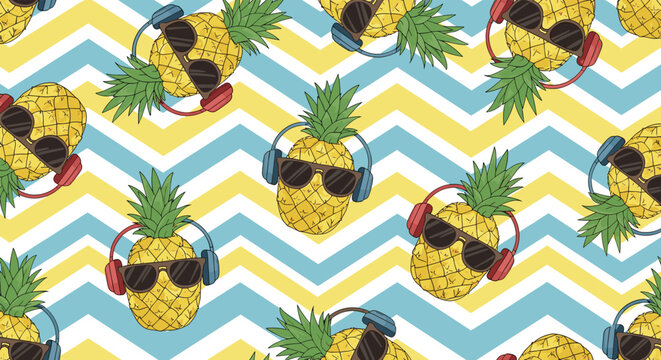 Fun summer pattern featuring pineapples wearing sunglasses and headphones on a yellow and blue zig zag background for cool vibes.
