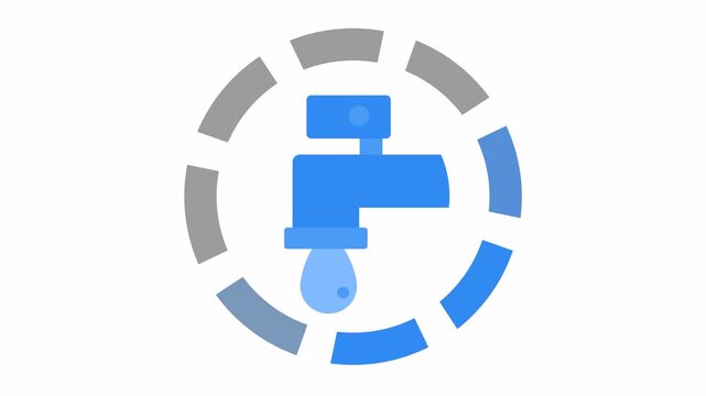 Water faucet with drip icon surrounded by a dashed circular loading frame in cartoon animation. Smart water management and usage tracking element concept.