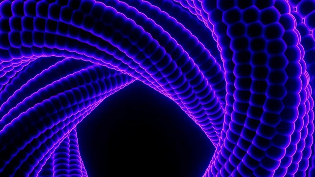 Purple honeycomb tubes rotate and intertwine in a complex glowing 3D geometric animation.