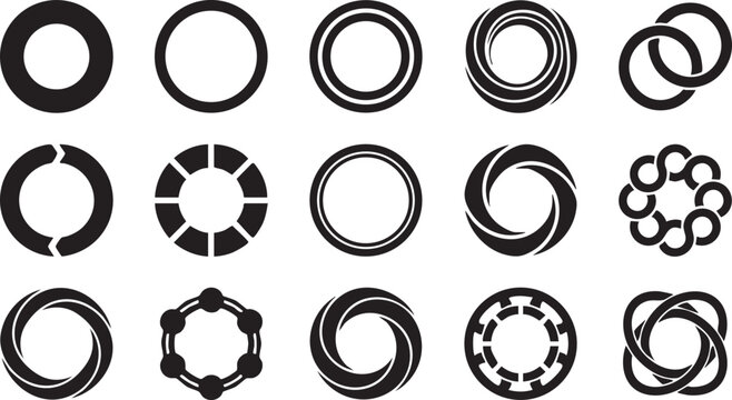 Circular logo icons set featuring ring shapes swirl designs and connected orbital elements.