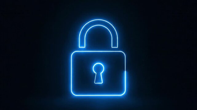 Minimalist animation of a padlock icon drawn by a single continuous neon line, smooth stroke animation with glowing trail, centered composition, pure dark background, subtle camera push-in