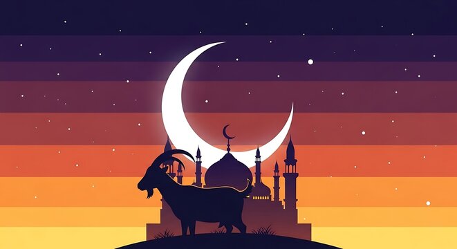 Eid al-Adha Celebration - Silhouette of Goat, Crescent Moon, and Mosque.