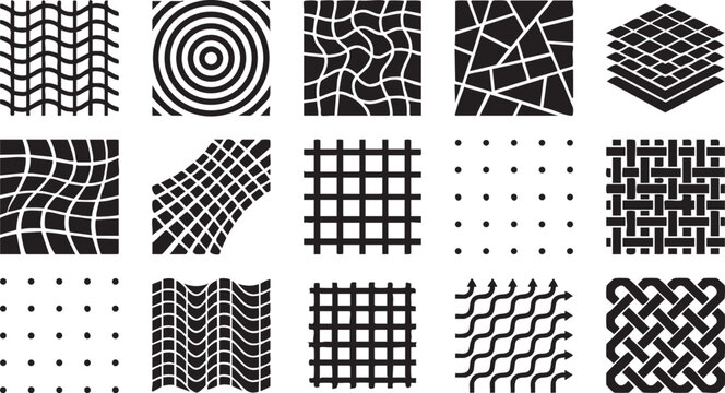 Abstract square geometric pattern set with wavy lines grid mesh and mosaic style textures.