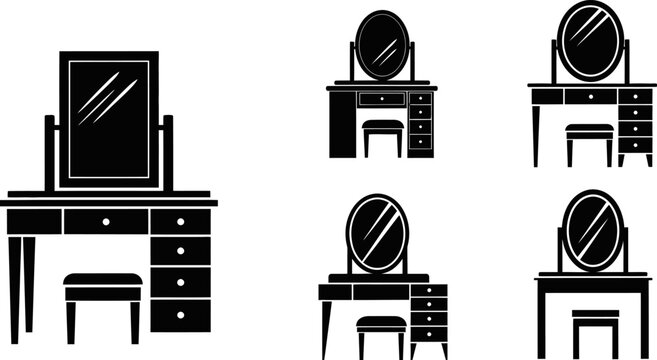 Four black silhouette dressing table vanity icons set on white background eps.