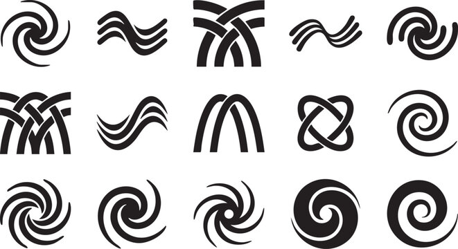 Abstract interwoven lines and waves in black on transparent background.