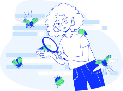 Girl in IT Series. Debugging Process, Female Developer Analyzing Bugs with Magnifying Glass, Software Error Vector Illustration