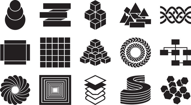 Abstract geometric data visualization icons with 3d cubes and structural diagram elements.