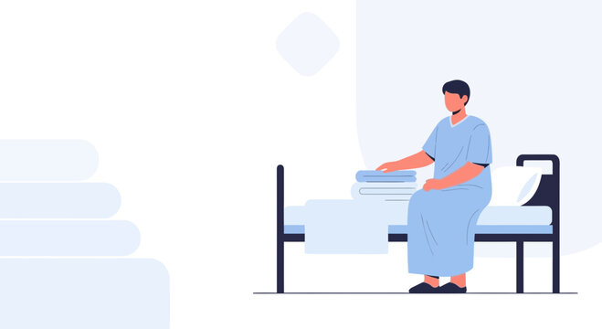 Patient in hospital gown sitting on hospital bed with folded blankets
