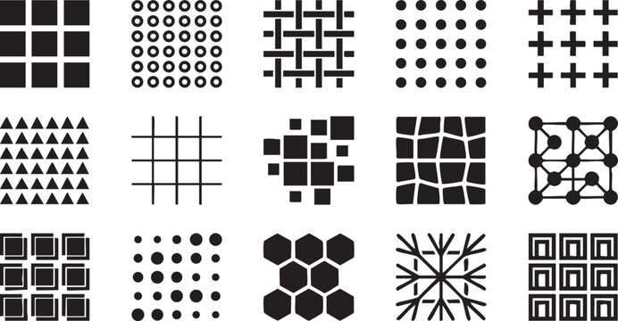 Geometric patterns and textured grid overlays for digital backgrounds or print design.
