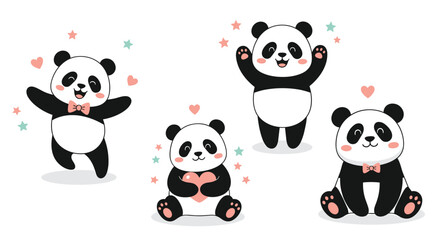 Fototapeta premium Collection of four happy cartoon panda bears in different poses with hearts and stars for stickers and greeting cards.
