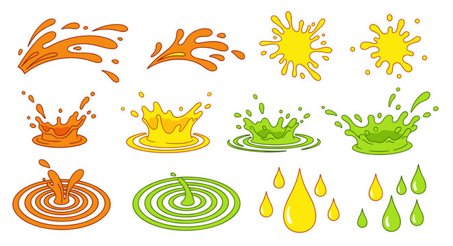 A vibrant vector set of colorful liquid splashes, drops, and ripples in orange, yellow, and green. Perfect for fruit juice, soda, sweet beverages, paint splatters, or bright slime cartoon designs.