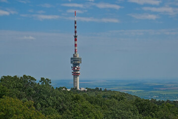 Obraz premium Red and white telecommunications antenna surrounded by forest in the Mecsek ills around Pecs, Hungary 