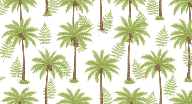 Tropical seamless pattern of tall palm trees with coconuts and lush green fern leaves on a white background.