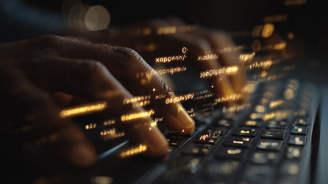 Working on a laptop while coding, hands move over the keyboard with coding text displayed on the screen during evening time