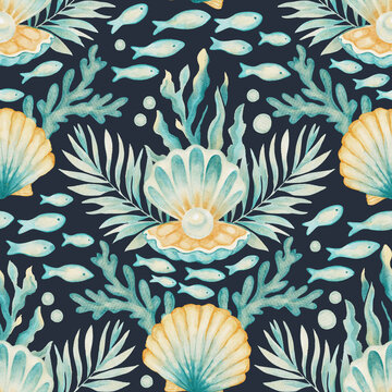 Shell Pearl Whimsical Watercolor Sea Marine Seamless Summer Pattern Fish Seaweed Tropical Coastal Background