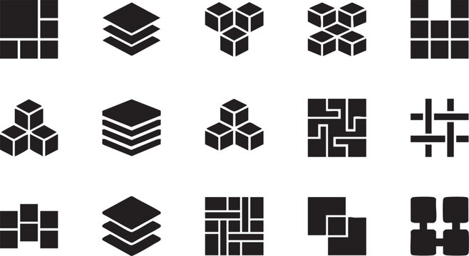 Abstract black and white vector icons, a versatile collection of 15 graphic elements depicting layers, blocks, and modular arrangements, ideal for design, technology