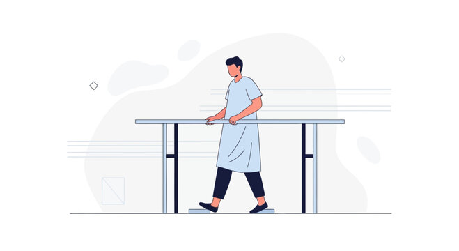 Physical therapy patient walking with parallel bars for rehabilitation and recovery