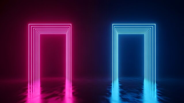 Luminous neon portal frames in dark empty studio with colorful light reflections on wet floor.