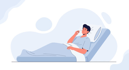 Obraz premium Sick man in hospital bed taking temperature with thermometer, illustration