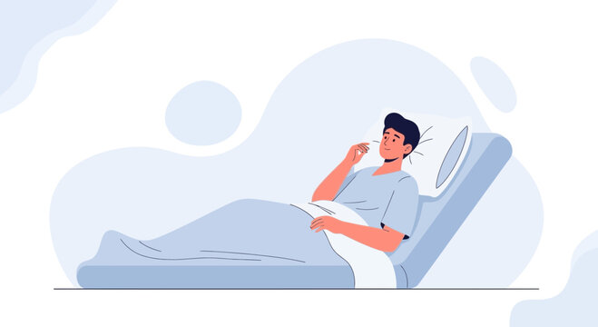 Sick man in hospital bed taking temperature with thermometer, illustration