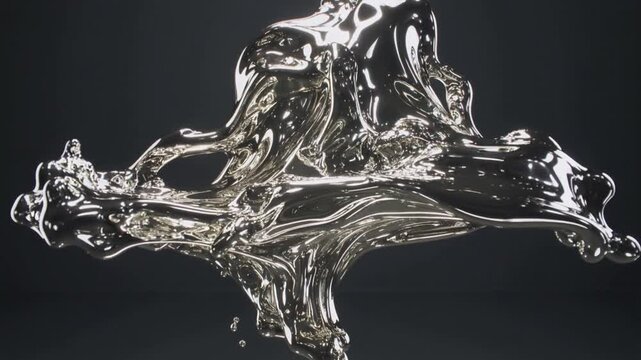 Abstract liquid metal splash, flowing chrome or silver substance isolated on dark background