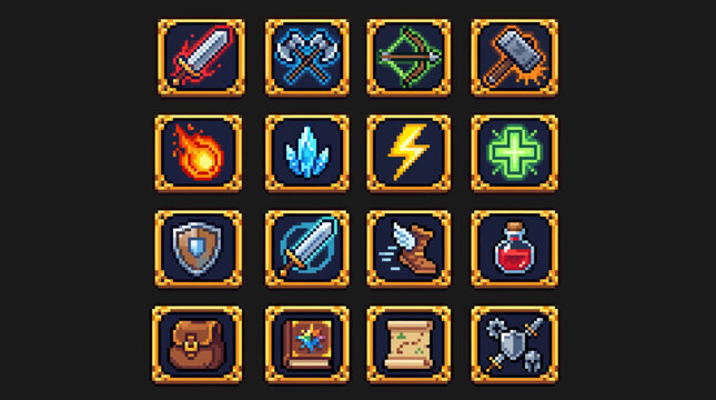 Fantasy RPG game icons for inventory and HUD, featuring weapons, armor, magic, and items, pixel art style
