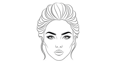 Fototapeta premium Detailed black and white line art illustration of a beautiful woman face with dramatic makeup and styled wavy hair.