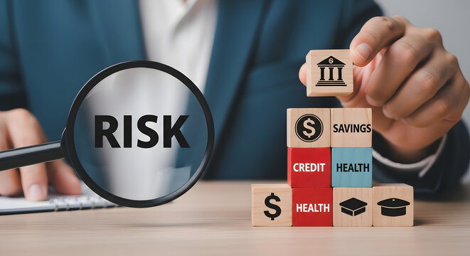 A person in a business suit assesses risk by examining blocks with financial and health-related terms