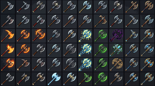 Collection of Pixel Art Axes for Fantasy Game Development and Digital Art Projects