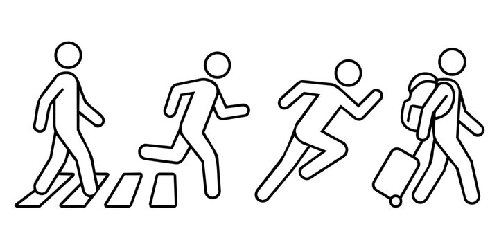 Minimalist black and white line art stick figures in various moving actions: walking on a crosswalk, running, sprinting, and traveling with luggage.