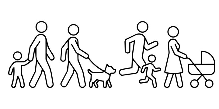 Minimalist black and white line art stick figures depicting family and daily activities: adult walking with child, walking a dog, running, and pushing a baby stroller.
