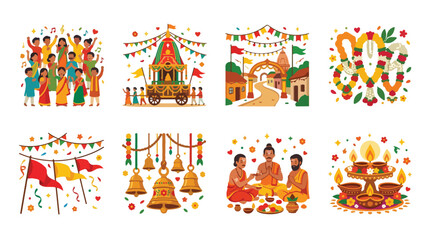 Fototapeta premium Collection of Hindu festival symbols including a temple chariot and various ritual decorations.