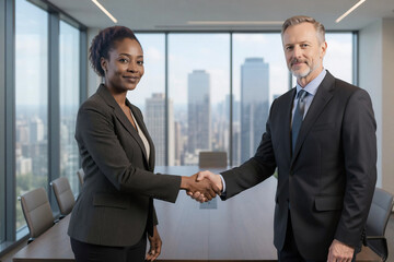 Fototapeta premium Interracial Business Partnership — Two Executives Shaking Hands.