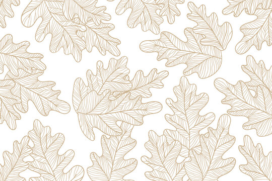 Oak leaves pattern with gold outline on white background hand drawn background