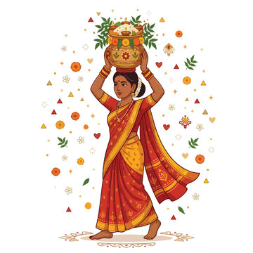 South Indian woman in a red saree gracefully carrying a decorated harvest pot on her head.