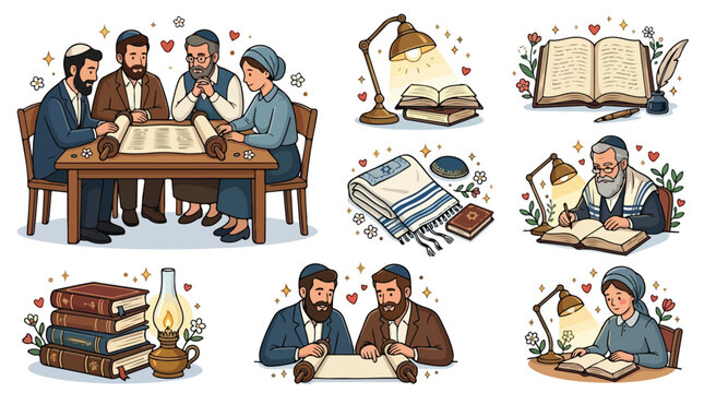 Set of stickers featuring Jewish men studying the Torah and traditional religious items like a menorah.