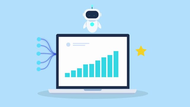 Animated laptop displaying rising data chart connected to cloud system with star icon, representing business success, analytics performance, and achievement tracking.