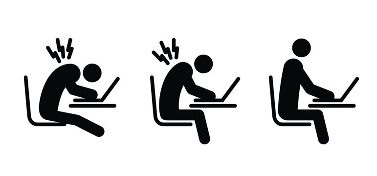 Right or wrong, prevent overload in the workplace. Cartoon myodynia or myalgia concept. Medicine and healthcare. Shoulder complaints at the desk. Sitting hunched over the computer.