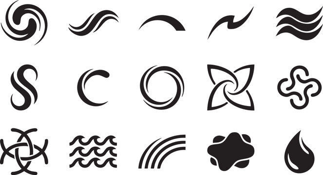 Abstract black vector icon set, a collection of 15 unique modern graphic elements, dynamic swirl and wave shapes, perfect for branding, logos, and digital design projects isolated on Transparent