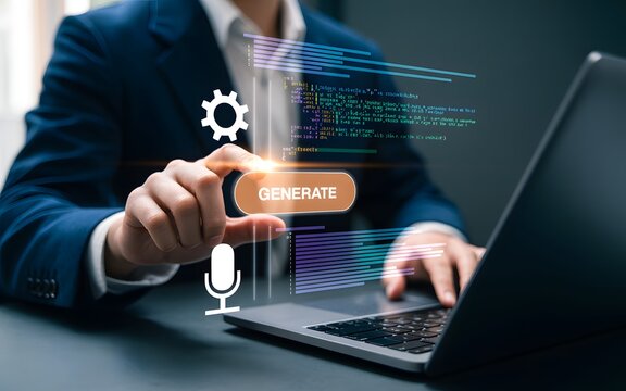 Man pressing generate button on futuristic interface with code and icons.