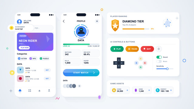 Clean mobile game UI kit with app screens, player profile, diamond tier ranking card, control buttons, resource assets and soft icon set.